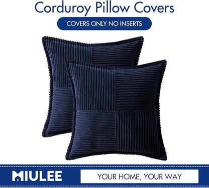 MIULEE Decorative Throw Pillow Covers for Couch Bed Livingroom 20x20 Inch Set of 2 Navy Blue Boho Accent Throw Pllows Broadside Striped Patchwork Soft Corduroy Summer Coastal Pillowcases