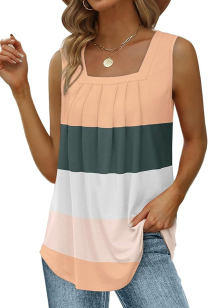 Saloogoe Summer Tank Tops for Women Loose Fit Pleated Square Neck Sleeveless Tops Curved Hem Flowy