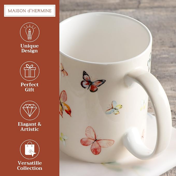 Maison d' Hermine Coffee Mug with Handles Tea Cups (12 Ounce, Pack of 1) | Fine Bone China Coffee Mugs for Hot Beverages Cappuccino Latte Home Restaurant Spring Summer -Botanical Fresh - Butterflies