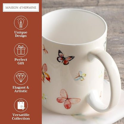 Maison d' Hermine Coffee Mug with Handles Tea Cups (12 Ounce, Pack of 1) | Fine Bone China Coffee Mugs for Hot Beverages Cappuccino Latte Home Restaurant Spring Summer -Botanical Fresh - Butterflies