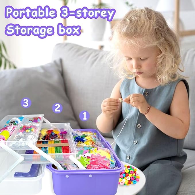 3000 Arts and Crafts Supplies for Kids Craft Kit All in 3 Layered Craft Box with Pipe Cleaners Crafts for Kids Age 4-6, 6-8, 8-12 DIY School Supplies Materials Set Toys Gifts for Girls Boys, Purple