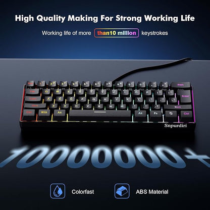 Snpurdiri 60% Wired Gaming Keyboard, 61 Keys RGB (Black) | Backlit Ultra-Compact Mini Gaming Keyboard for PC/Mac Gamer, Typist, Travel, Easy to Carry on Business Trip