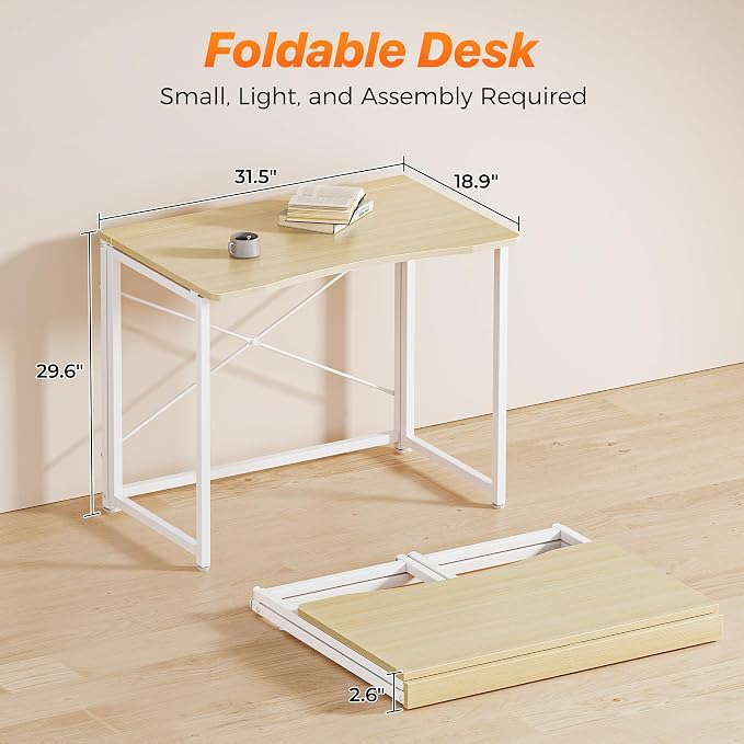 Huuger Folding Desk for Small Spaces, 31.5 Inch Foldable Computer Table, Easy Assembly, for Home Office, Study, Bedroom, Dorm, Space Saving, Small Writing Work Office Computer Desk, Oak
