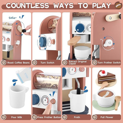 GAGAKU Wooden Coffee Maker Toy 14 pcs Play Kitchen Accessories Toy Coffee Maker for Kids Pretend Playset Toddler Coffee Maker Gifts for Boys and Girls