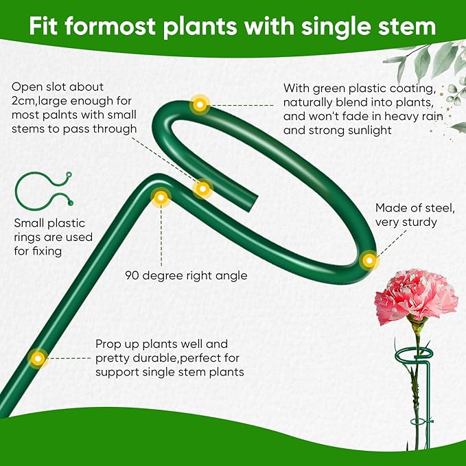 HiGift 17 inch Plant Support Stakes, 4mm Thick Garden Single Stem Flower Support Stake Amaryllis Plant Cage Support Rings with 10 pcs Plant Clips for Tomato Orchid Lily Peony Rose Flower Stem-5 Pack
