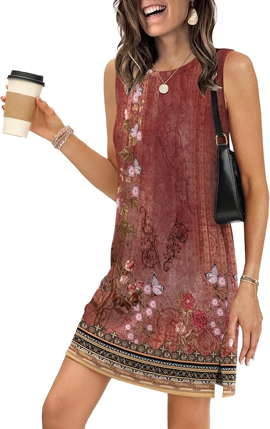 WIHOLL Casual Dresses for Women Crewneck Sleeveless Tank Dress Summer Spring Boho Vacation Clothes
