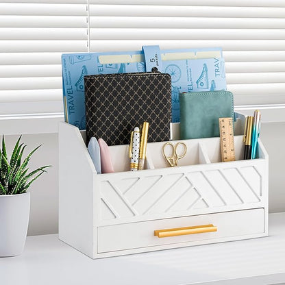 dreampossible white Wood Desk Organizer and Accessories with Drawer, Bill Mail Organizer and File Mail Holder for Office Supplies, Modern Desk Accessories & Workspace Organizers for Desk Organization