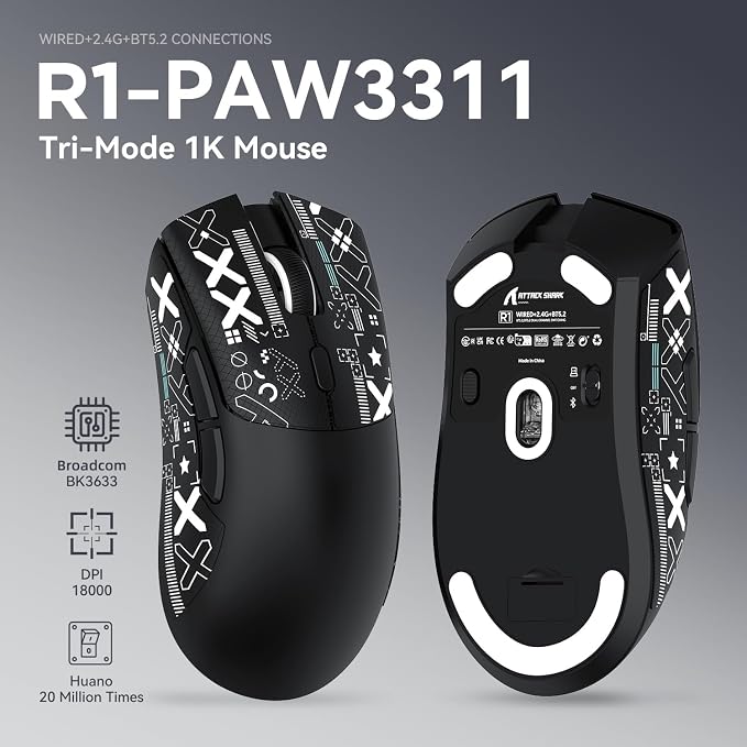 ATTACK SHARK X68HE 60% Wired RT 8K Keyboard+Wireless R1 Mouse-Black Contour | Adjustable Actuation,Hall Effect Mechanical Magnetic Switch,Coiled Cable,USB C/2.4Ghz/BT Ultralight 18K DPI Mice for PC Gamer