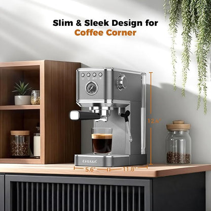 CHULUX Elite Espresso Coffee Machine with Steam Wand for Cappuccino, Gray | Hot and Iced Espresso, 1350W Fast Heating System, Visible Pressure Gauge, PID Temperature Control, Pre-Infusion Technology