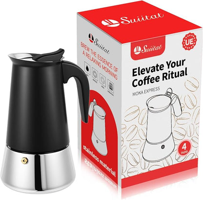 4 Cup Stainless Steel Moka Pot, 200ml Stovetop Espresso Maker, Black