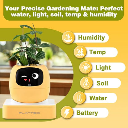 Upgraded AI Smart Flower Pot Multi-Emotion Interactive Digital Display Self Watering Planter Robot Flower Pot Supports 50+ Plants Decor for Desk Home Pet Office(Yellow)