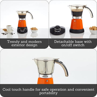 IMUSA 6 or 3 Cup Electric Espresso Maker with Cool-Touch Handle, Orange | Bare Aluminum Finish, Cool-Touch Handle with Visual Indicator, Makes Espresso, Ideal for Everyday Use and Gifts