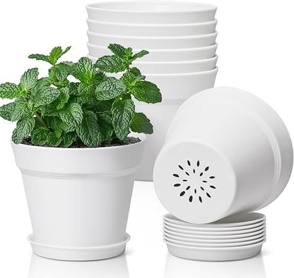 T4U 5 Inch Plant Pot 8-Pack, Plastic Pots with Drainage Hole and Saucer, Decorative Flower Pots Bulk for African Violet, Snake Plant, Succulent and All House Plants Indoor (8pcs 5" Pots, White)