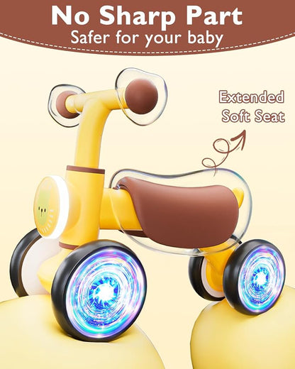 Balance Bike Toys for 1 Year Old Boy, Toddler Toys for 1 Year Old Girls Gifts, Toddler Bike with Colorful Glow Wheel, Soft Music, Cute Animal Sound, One Year Old Birthday Gifts