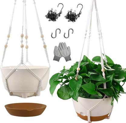 10 Inch Hanging Planters for Indoor Plants,Set of 2 Hanging Pots for Plants with Self-Watering, Outdoor Hanging Plant Pot with Drainage and 2 Kinds of Baskets Hangers for Home Decor and Garden
