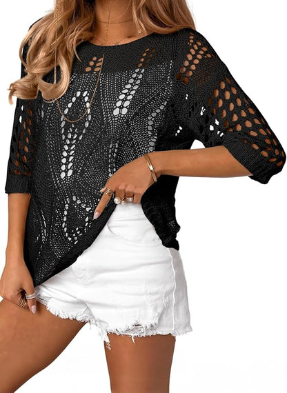 EVALESS Womens Crochet Hollow Out Knit Tops Half Sleeve Spring Summer Sweaters Beach Cover Ups for Women Trendy 2026