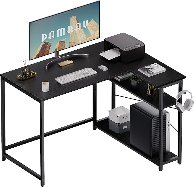 Pamray 43 Inch L Shaped Computer Desk with Reversible Side Storage Shelves, Small Corner Desk for Small Space Home Office,Writing Study Table Gaming PC Desk for Bedroom,Black