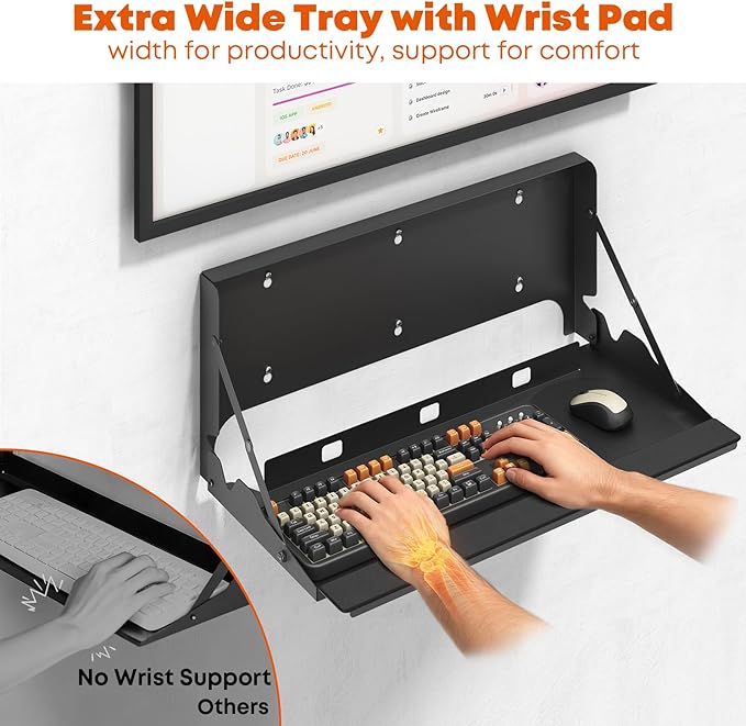 Flip Down Keyboard Tray Wall-Mount - 24 Inch Computer Keyboard and Mouse Platform Tray, Space Saving Design, Mouse Pad and Wrist Pad Included, Holds Up to 22 lbs, Black