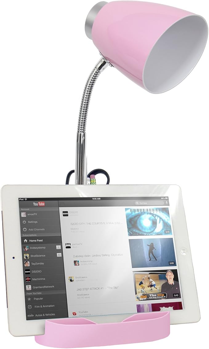 Simple Designs LD1002-PNK Gooseneck Organizer Desk Lamp with iPad Tablet Stand Book Holder, Pink