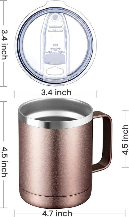 MEWAY 12oz Coffee Mug With Handle 2 Pack Bulk,Stainless Steel Insulated Travel Tumblers With Sliding Lid,Double Wall Vacuum Camping Cup for Hot & Cold Drinks Tea (Rose Gold,Set of 2)
