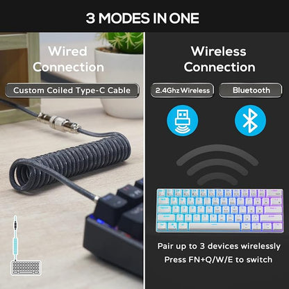 RK ROYAL KLUDGE RK61 60% Wireless Mechanical Keyboard w/Coiled Cable, Black | RGB Gaming Keyboard with Bluetooth/2.4G/Wired, Hot Swappable 61 Keys Ultra-Compact for Win/Mac/PC Game, Tactile Brown Switch