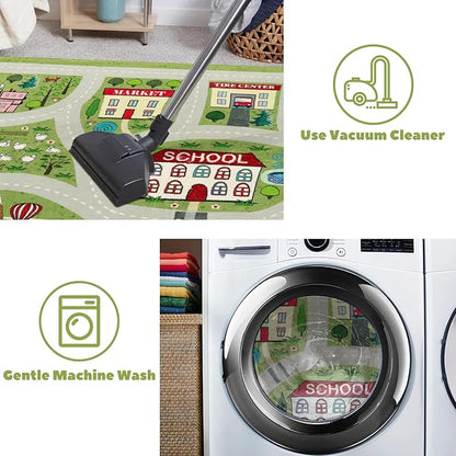 LIVEBOX Green Kids Rug for Kids Room, 3'x5' Washable Road Rug for Playroom, Non-Slip Soft Toy Car Rug for Baby Nursery, Small City Traffic Playmat for Boys Girls Dorm Bedroom Tent