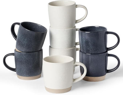 famiware Coffee Mugs Set of 8, Milkyway 13 oz Mug Set, Ceramic Cup Set with Handle for Coffee, Tea, Cocoa, Milk, Matte White + Matte Dark Charcoal