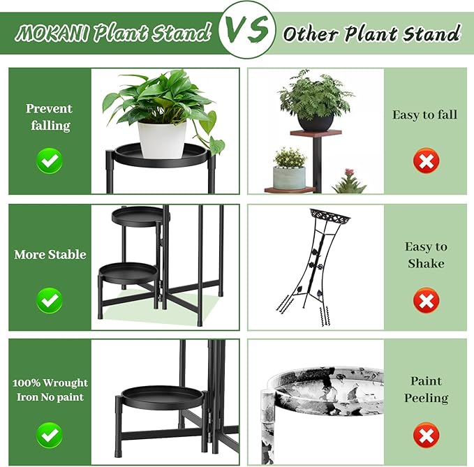 MOKANI Metal Plant Stand Indoor Outdoor for Multiple Plants, 5 Tiered Folding Corner Shelf Tall Flower Pot Holder Display Rack for Patio Living Room Balcony Garden, Black