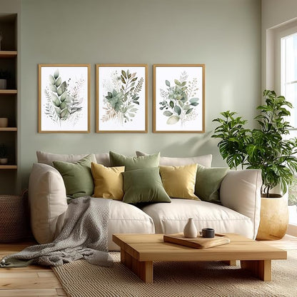 LLEEMPI Sage Green Wall Art Set of 3, Modern Watercolor Botanical Wall Decor, Eucalyptus Leaf Canvas Painting, Classic Minimalist Florals Poster Print for Bedroom Bathroom Office 12x16 Inch Framed Included (Total Size)
