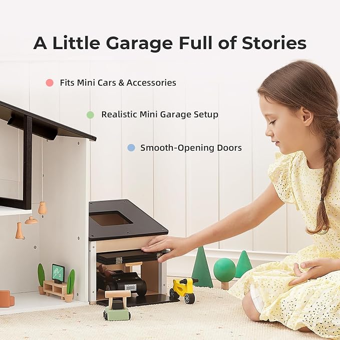 OOOK Wooden Dollhouse Garage Set Includes Workbench, Lawn Mower, Bicycle and Car, Dollhouse Furniture & Accessories for Kids