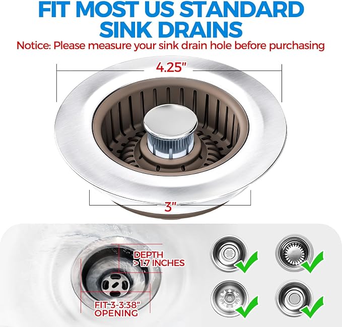 zaa 3 in 1 Kitchen Sink Drain Strainer Stopper Removable Basket Pop-Up | Kitchen Sink Accessories 1 Pack Brown Stainless - Food Catcher, Odor-Blocking Seal, Fits 3.5" Drain, Easy Clean