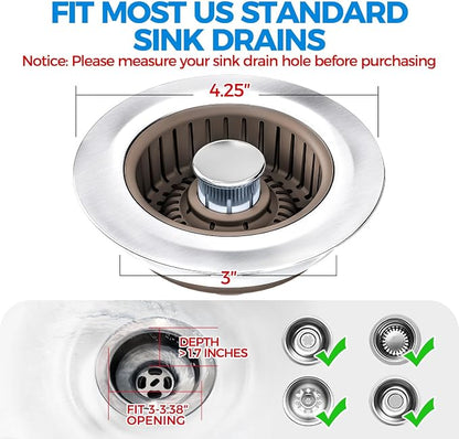 zaa 3 in 1 Kitchen Sink Drain Strainer Stopper Removable Basket Pop-Up | Kitchen Sink Accessories 1 Pack Brown Stainless - Food Catcher, Odor-Blocking Seal, Fits 3.5" Drain, Easy Clean