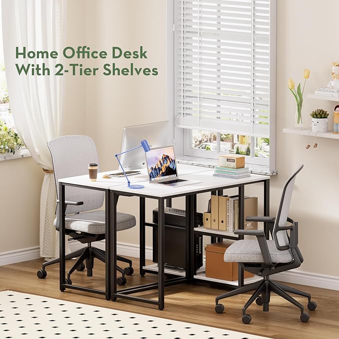 SINPAID 40" Small Computer Desk with Study Shelves for Home Office,White | Easy Assembly Study Desk, Sturdy Writing Desk for Bedroom & Home Office, Cream White