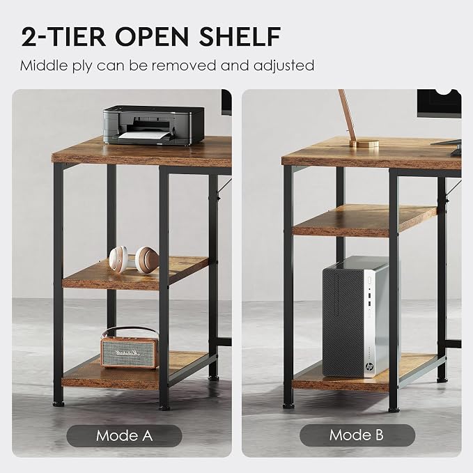 Maihail Small Desk with Drawers, Office Desk with Storage Shelves, Brown2 | 59 Inch Desktop, Metal Frame, 3 Fabric Drawers, Storage Shelves, Computer & Writing Desk, Office Gaming Workstation