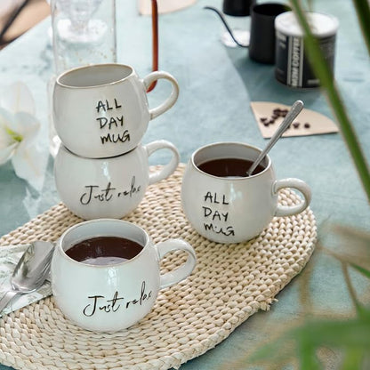 Ceramic Coffee Mugs Set, Just Relax and All Day Design, large capacity heat-resistant handle, Great for Tea Hot Chocolate, Microwave Safe, Modern, Unique Style for Any Kitchen-4pack