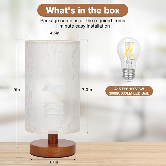 Fenmzee Small Table Lamps (Cream Shade - Walnut Base, 9" Inline Control) | 3000K LED Blub Included | 680 Lumens | Easy Assembly | Minimalist Design | E26 | for Kitchen | for Kids Room