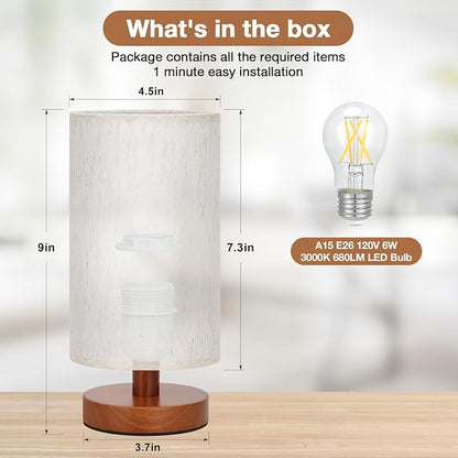 Fenmzee Small Table Lamps (Cream Shade - Walnut Base, 9" Inline Control) | 3000K LED Blub Included | 680 Lumens | Easy Assembly | Minimalist Design | E26 | for Kitchen | for Kids Room