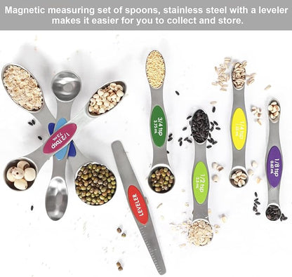 Magnetic Measuring Spoons Set Stainless Steel with Leveler, 8pcs Multicolors Measuring Cups Set for Baking, Measuring Cups and Spoon Set Kitchen Gadgets Apartment Essentials Fits in Spice Jars