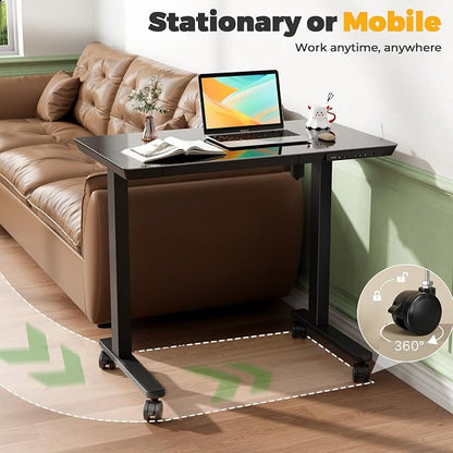 35" Electric Standing Desk with Drawer, One-Piece Glass Top | Quick Install One-Piece Tabletop with USB Charging Ports, Sit Stand Computer Desk with Wheels for Small Space, Black