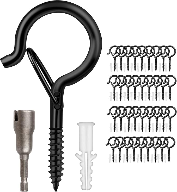 36 PCS Q-Hanger Hooks with Safety Buckle, Windproof Screw Hooks for Outdoor String Lights Hanging Christmas Lights, Plants, with 1 Wing Nut Driver
