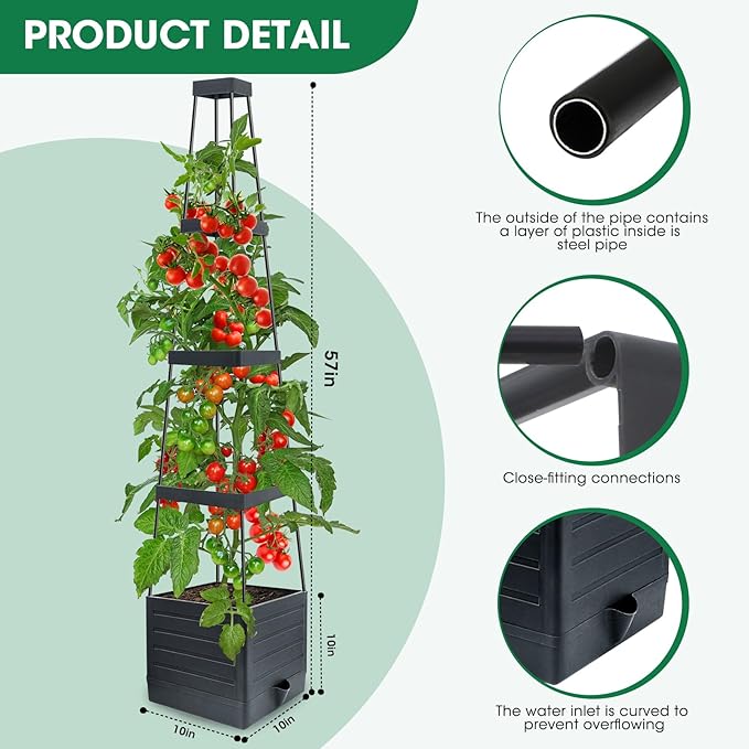MQFORU 4Pack Raised Garden Bed Planter Boxes with Trellis, 57" Self-Watering Tomato Planter Boxes with Trellis for Climbing Vegetable and Plants, Tomato Cage for Indoor Outdoor Use
