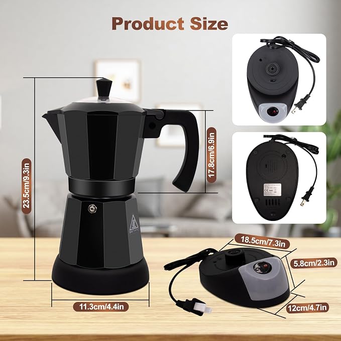Electric Aluminum Moka Pot 3-6 Cup 150-270ml Espresso Maker | with Detachable Base Ideal Coffee Makers for Home MochaPot Italian and Cuban Café Coffeemaker Espressomaker CoffeePot Black
