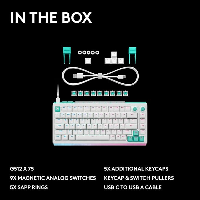 Logitech G512 X 75 TMR + Linear Switch Mechanical Gaming Keyboard - White | Hot-Swappable 9x TMR Rapid Trigger + Linear Mechanical Switches, Gasket, PBT Keycaps, <8K, LIGHTSYNC RGB, for PC & Mac