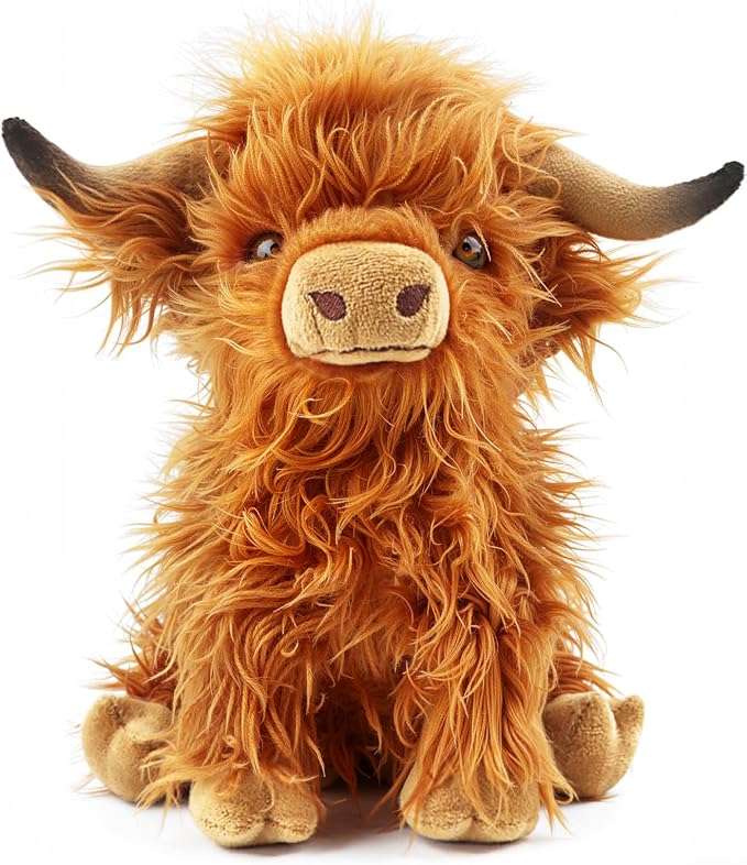 Highland Cow Stuffed Animal Toy, Adorable Highland Cow Plush, Scottish Cow Plush Toy, Farm Animal Cattle Plush Decor Gifts for Kids Baby Girls Boys (Brown Cow)