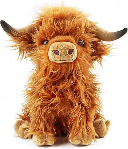 Highland Cow Stuffed Animal Toy, Adorable Highland Cow Plush, Scottish Cow Plush Toy, Farm Animal Cattle Plush Decor Gifts for Kids Baby Girls Boys (Brown Cow)