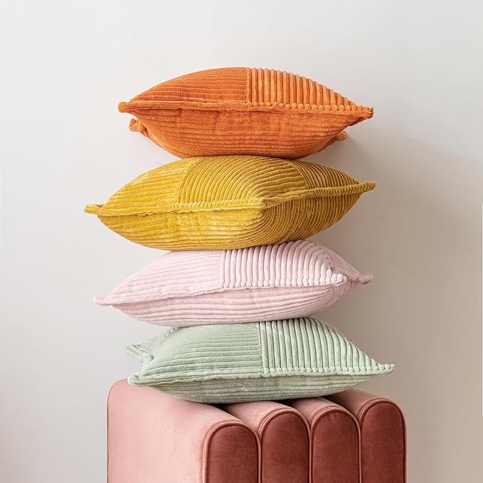 MIULEE Spring Decorative Throw Pillow Covers for Couch Bed Livingroom 20x20 Inch Set of 2 Pink Boho Accent Throw Pllows Broadside Striped Patchwork Soft Corduroy Pillowcases Valentine Decor