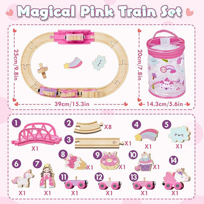 Lehoo Castle Wooden Train Set for Girls, Unicorn Train Set for Toddlers 2-4, Wooden Train Track with Storage Bag, Pink Train Fantasy Toys for 3 Year Old Girl Christmas Birthday Gifts