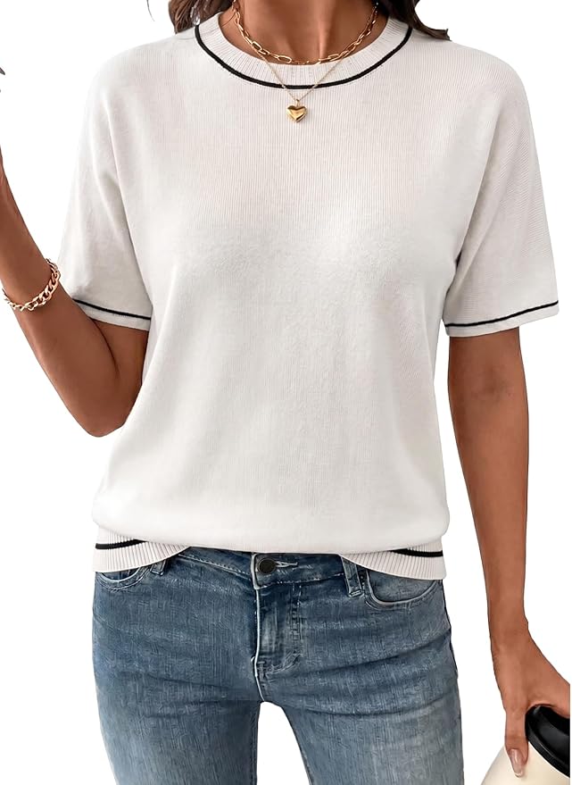 SHEWIN Womens Tops Trendy Short Sleeve Shirts Crewneck Lightweight Knit Sweater Top Business Casual Outfits