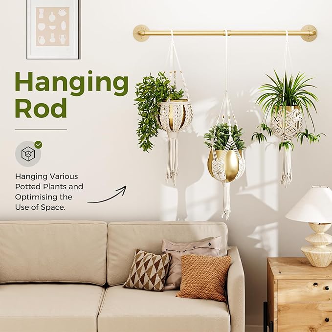 Bamworld Hanging Planters for Indoor Plants Plant Hanger Indoor Hanging Plant Rod 36.2in Window Plant Shelves Metal Rod Pot/Chains Not Included (Gold)
