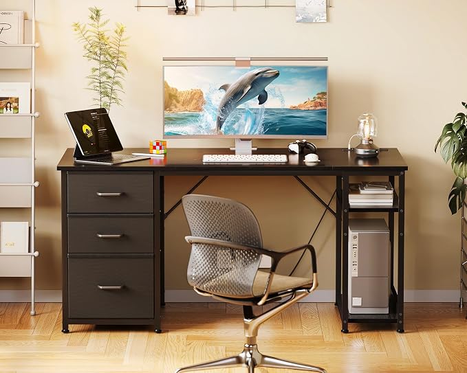 AODK 51 Inch Computer Desk with Drawers & USB Power Outlets | Reversible Home Office Desk with Storage Shelves, Work from Home, Modern Work/Writing/Study Table for Bedroom, Black